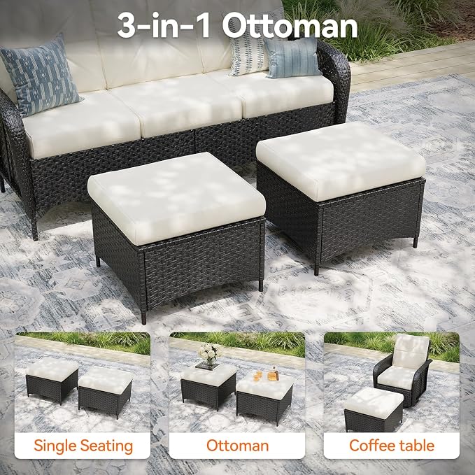 Aoxun Luxury 8-Piece Patio Furniture Set with 44'' Fire Pit Table, Wicker Rattan Sofa with Thick Cushion, Outdoor Conversation Set for Backyard, Poolside & Garden, Black/Beige