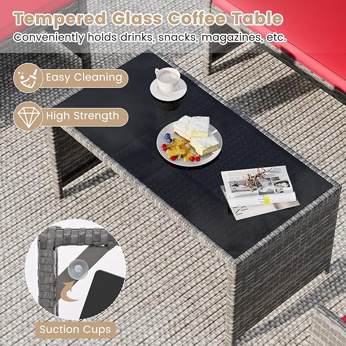 Tangkula 4 Piece Patio Wicker Furniture Set, Outdoor Heavy Duty Rattan Cushioned Chairs, Loveseat and Tempered Glass Coffee Table, for Backyard, Balcony, Poolside