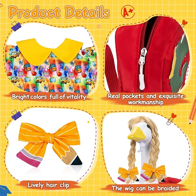 23" Back to School Porch Goose Outfit, Curly Wig (Statue not Included) | Complete 6 piece back to school goose set, Wavy unbraided wig + dress + pencil clips + inflatable pencil + red bag + tape