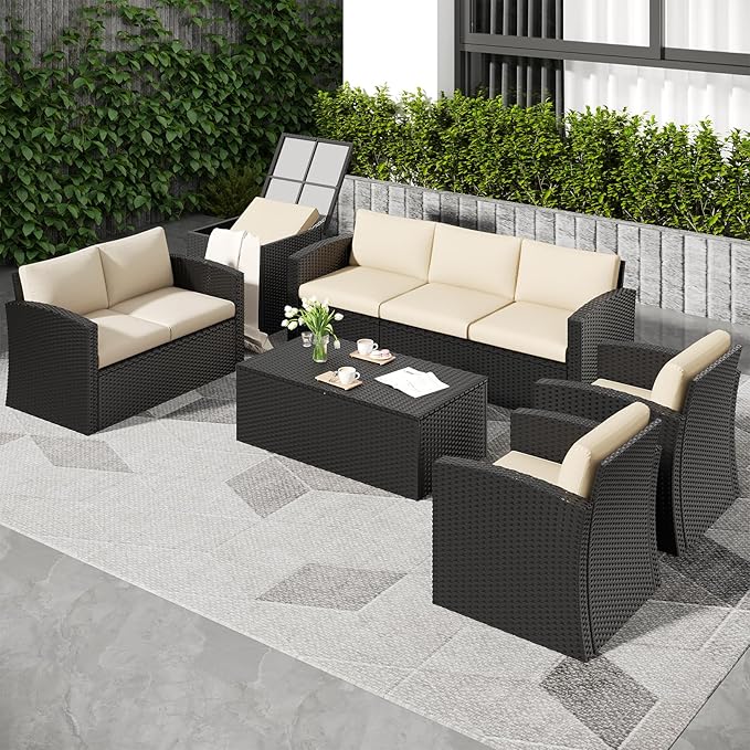 AECOJOY 7 Pieces Patio Furniture with Two Storage Boxes, Outdoor Rattan Conversation Set，All-Weather PE Wicker Sectional Sofa for Garden, Backyard, Deck, Black & Beige