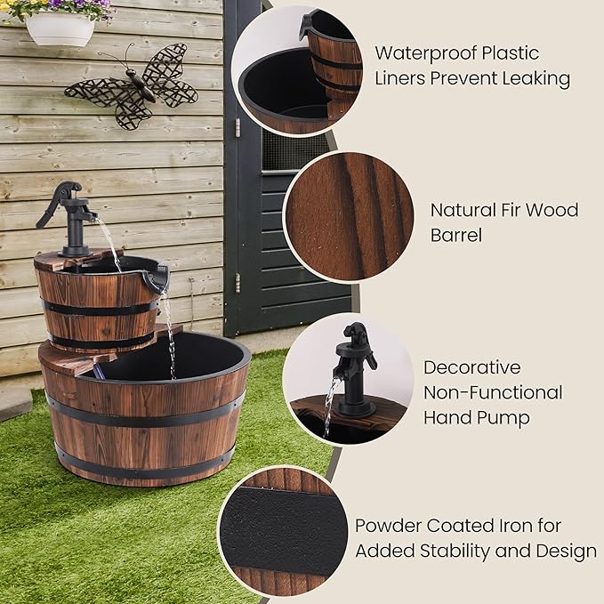 Sfmora 2-Tier Barrel Fountain, 3 Gallon Rustic Cascading Waterfall Fountain, Decorative Hand Pump and Electric Pump, for Garden, Patio, Backyard, and Porch