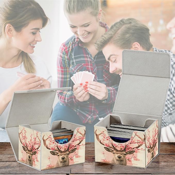 Card Deck Box for MTG, Cards Storage Box Fits 120+ Sleeved, Leather Small Size Strong Magnetic Closing Card Case for Board Games Magic TCG CCG Baseball Collection, Peach Blossom Deer