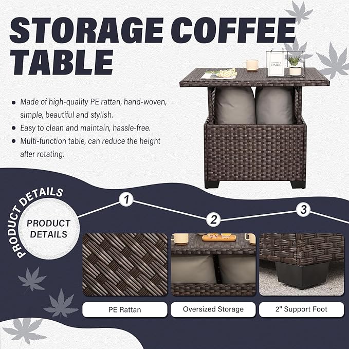 9 Pieces Wicker Patio Furniture Set Outdoor PE Rattan Sectional Conversation Sofa Set with Navy Blue Cushions and Storage Table