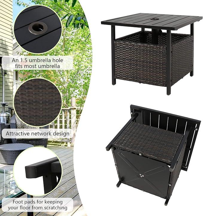 Patio PE Wicker Umbrella Side Table Stand, Outdoor Bistro Table with Umbrella Hole