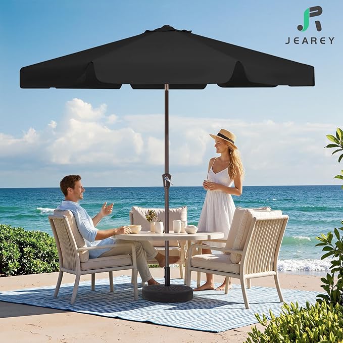 JEAREY 9 FT Patio Umbrella Outdoor, Table Umbrellas Market Umbrella w/Push Button Tilt/Crank, 8 Sturdy Ribs(black)