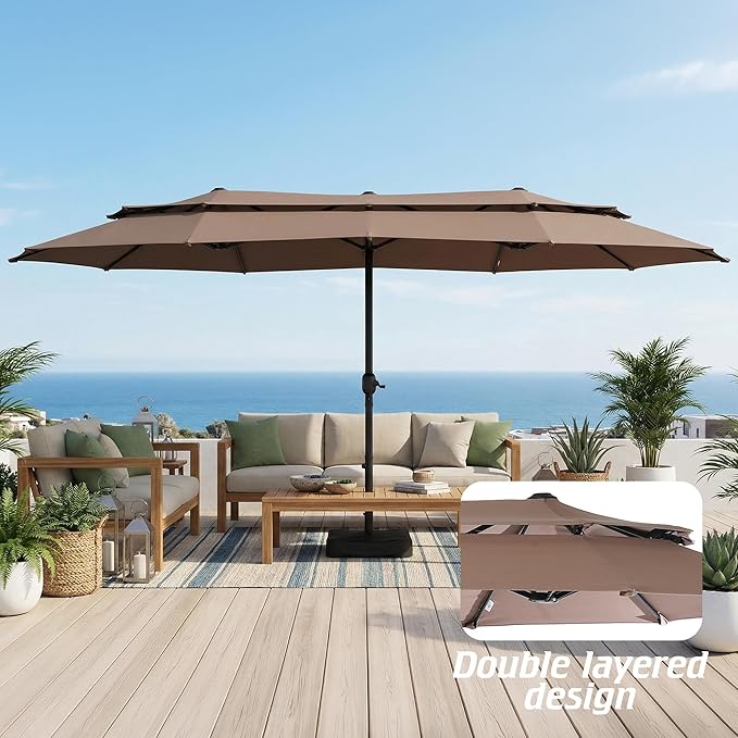 Nice C 13-15FT Large Double Sided Patio Umbrella, Double Layer Market Rectangle Umbrella, Large Deck Umbrella With Crank For Outdoor Poolside Backyard Pool Garden