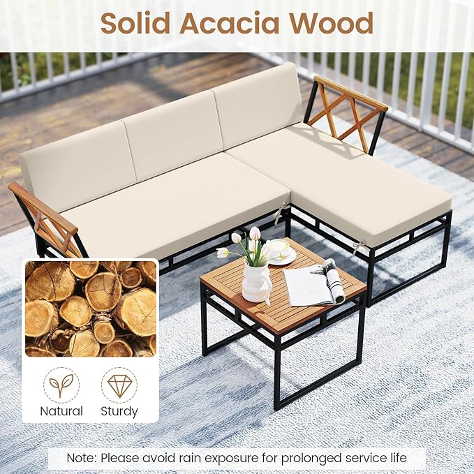 Tangkula 3 Pieces L-Shaped Outdoor Furniture Set, Acacia Wood Patio Sectional Cushioned Conversation Sofa with Square Coffee Table, for Porch, Backyard & Poolside (Beige)
