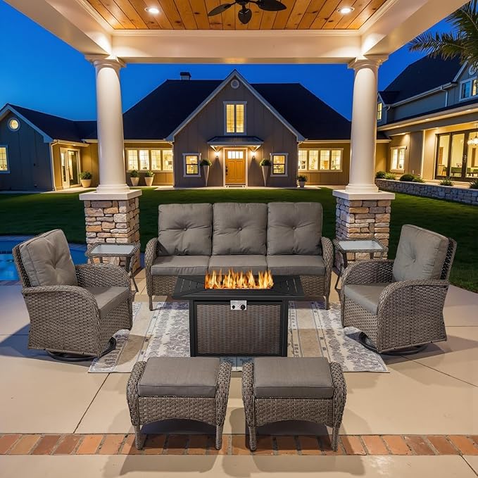 Belord 8 Piece Patio Furniture Set with 43" Fire Pit Table - Wicker Patio Conversation Set with Swivel Rocker Chairs and Sofa for Deck Outside Backyard Gray