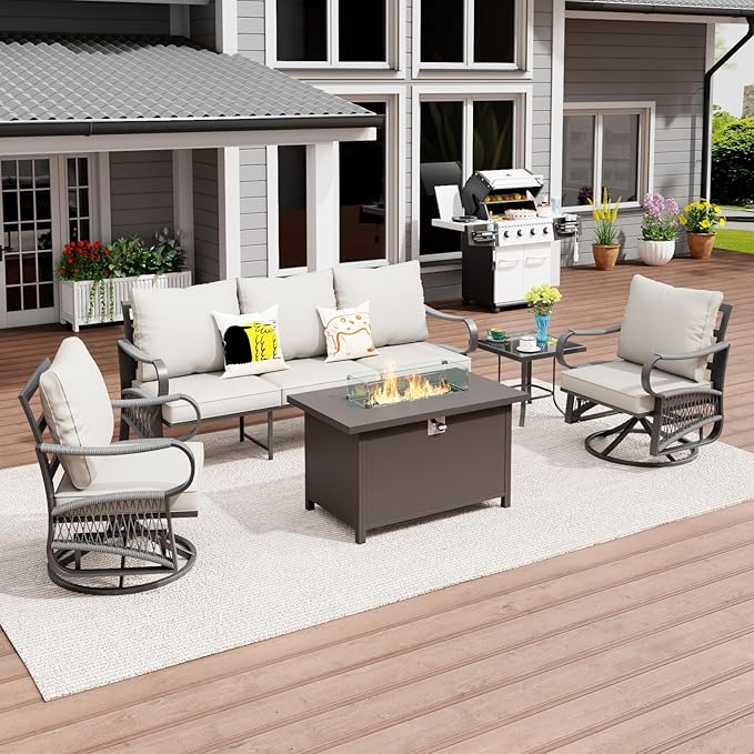 5 Piece Patio Furniture Set with 50000 BTU Propane Fire Pit Table, All Weather Outdoor Conversation Set with 2 Swivel Chairs, Sofa and Thick Cushions for Garden, Porch, Lawn, Beige