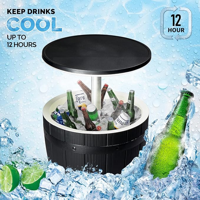 VINGLI 10 Gallon Patio Cooler Table, Portable Outdoor Party Bar with Pop-up Lid & Hidden Insulated Ice Chest, All-Weather Resin Side Table for Deck, Pool, Garden