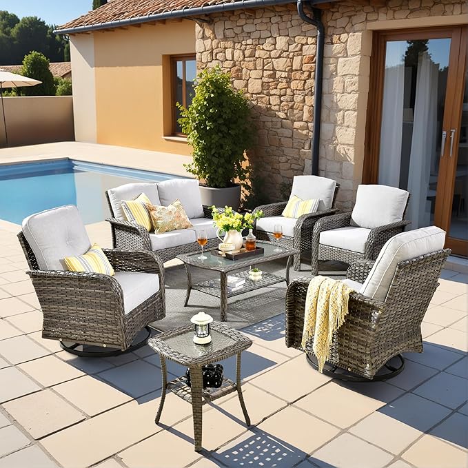 7 Pieces Outdoor Patio Furniture Set with Coffee Table, All Weather Wicker Patio Conversation Sets with Rocking Chairs, Balcony Furniture Sets for Backyard, Garden, Poolside, Grey