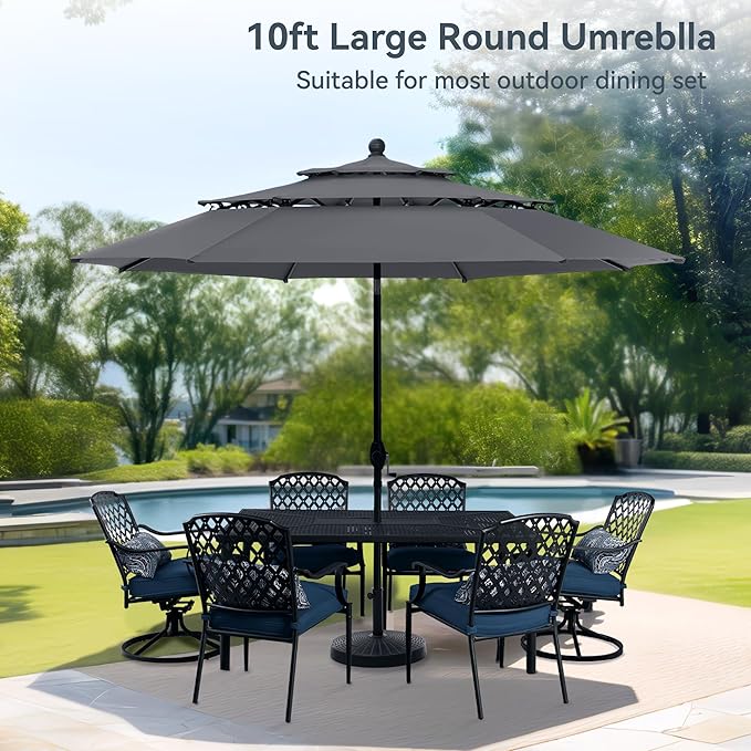 PHI VILLA 10ft Outdoor Patio Umbrellas for Outside, 3 Tier Vented Market Table Umbrella Windproof for Backyard, Deck, Garden, 1.5" Pole, Grey（No Base）