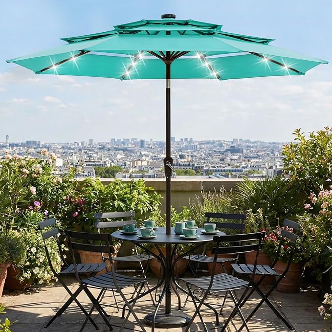Garvee 9ft 10ft Patio Umbrella with Solar Lights, 3-Tier Umbrella Outdoor Patio with LED Lights, Ventilation, Easy Crank & Tilt, 8 Sturdy Ribs, UV Protection, Large Patio Umbrella for Deck, Pool