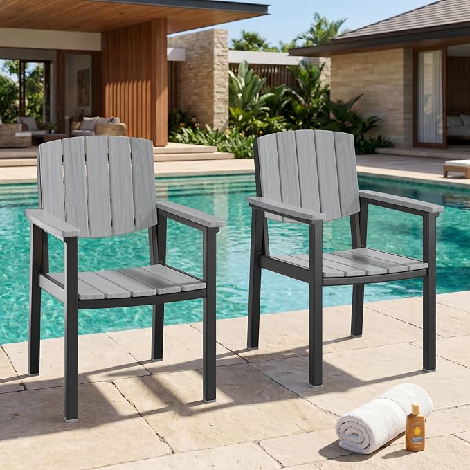 Outdoor Dining Chairs Set of 2, Aluminum Patio Dining Chairs with Armrest for Ergonomic Design, Aluminum Frame HDPS Faux Wood, All Weather Outdoor Furniture for Garden and Indoor Grey