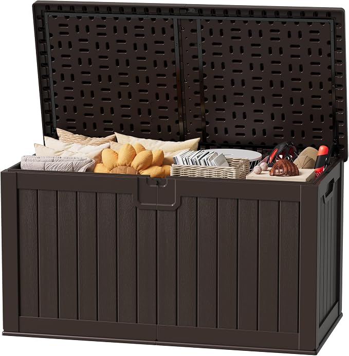 JUMMICO 250 Gallon Outdoor Resin Deck Box with Divider, Waterproof Storage Box with Lockable Lid&Side Handles for Garden Tools, Pools Supplies (Brown)