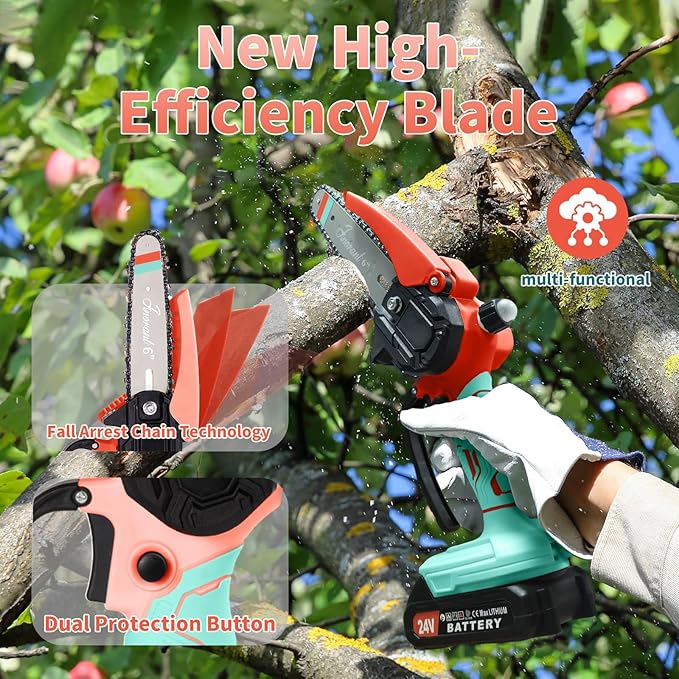 Mini Chainsaw with 2×24V Battery Powered Electric Chain Saw,chain saw are suitable for cutting wood and trimming branches,Mini Chainsaw Cordless With three chains (Orange-blue)