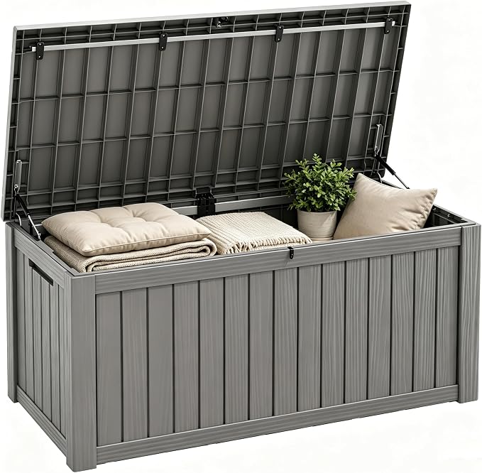 Fancyango 140 Gallon Outdoor Deck Box Waterproof, Large Storage Box for Patio, Resin Storage Bench Lockable for Garden Tools, Package Delivery, Grey