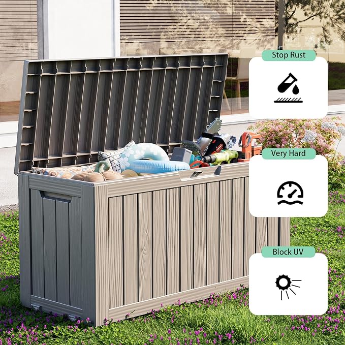 ROJIK Outdoor Storage Box, 85 Gallon Waterproof Deck Box, Weatherproof Resin Outside Storage Bin for Patio Furniture, Garden Tools, Pool Accessories, Cushion, Grey