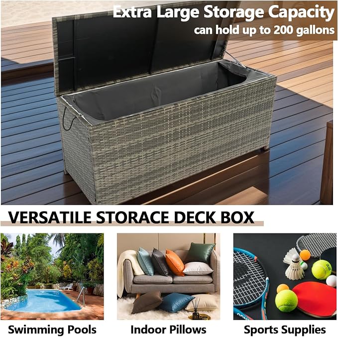 113 Gallon Deck Box Storage, Large Outdoor Weatherproof Storage Box with Lid,Wicker Outdoor Cushion Storage Box for Porch,Patio,Garden,Poolside,Tools,Toys (Light Grey, 53.15 Inch)