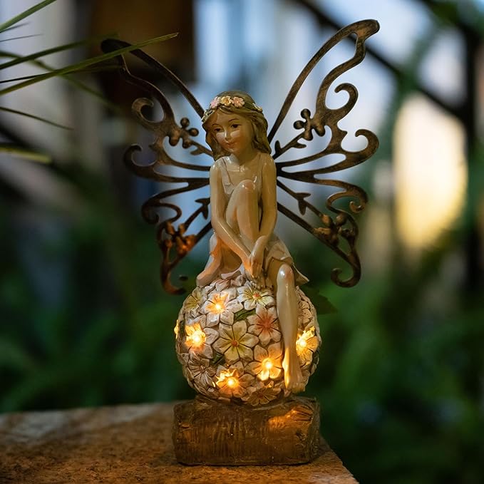 Suyorpe Solar Garden Fairy Statues Light Outdoor Decor - Fairies for Fairy Garden Housewarming Ornament for Patio, Lawn, Yard, Pathway Unique Gift Ideas for Gardening Mom Grandma ﻿