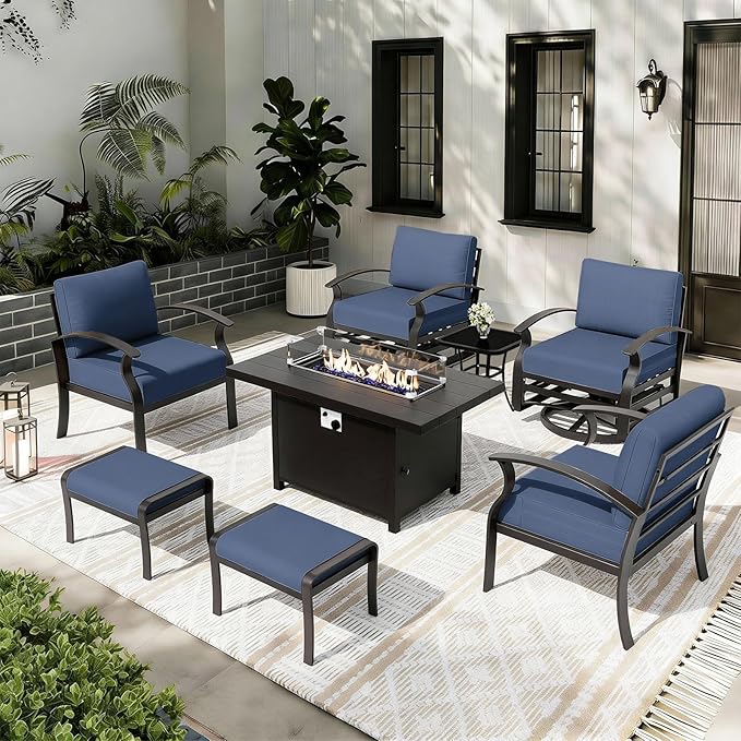 ALAULM Aluminum Patio Furniture Set with Propane Fire Pit Table 6-seat Metal Outdoor Furniture w/Swivel Chairs Patio Sectional Sofas w/5.1" Cushions for Patio, Backyard, Poolside-DarkBlue