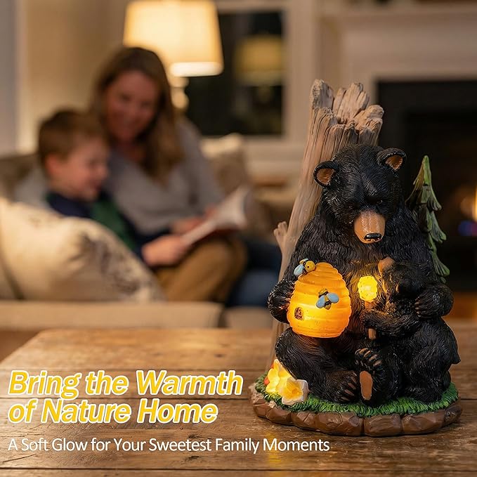 Candieslife Solar Bear Garden Statue with Glowing Beehive & Cub - Outdoor LED Figurine Decor for Patio, Lawn, Yard Art - Unique Mother's Day Housewarming Gift for Women, Mom, Grandma