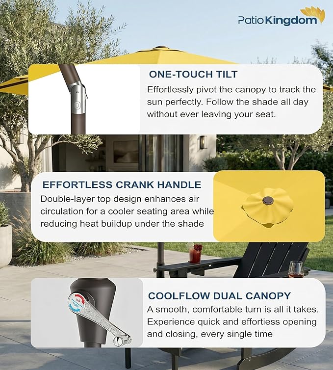 PatioKingdom 10FT Patio Umbrella with Push Button Tilt and Crank, Outdoor Market Umbrella with 8 Fiberglass Ribs, UV Protection Table Umbrella for Pool,Backyard,Garden,Deck