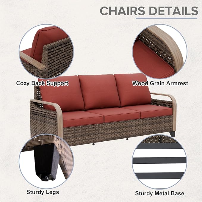 COOS BAY Modern Wicker Outdoor Furniture Set, 5 Piece Patio Conversation Set with 2 Patio Chairs, a 3 Seat Couch and 2 Ottomans, 5 Piece, Brown/Red