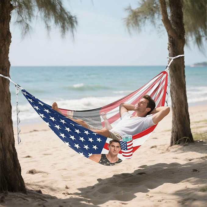USA Flag Custom Camping Hammocks with Tree Straps Backyard Hammock for Outside Patio Backyard Poolside