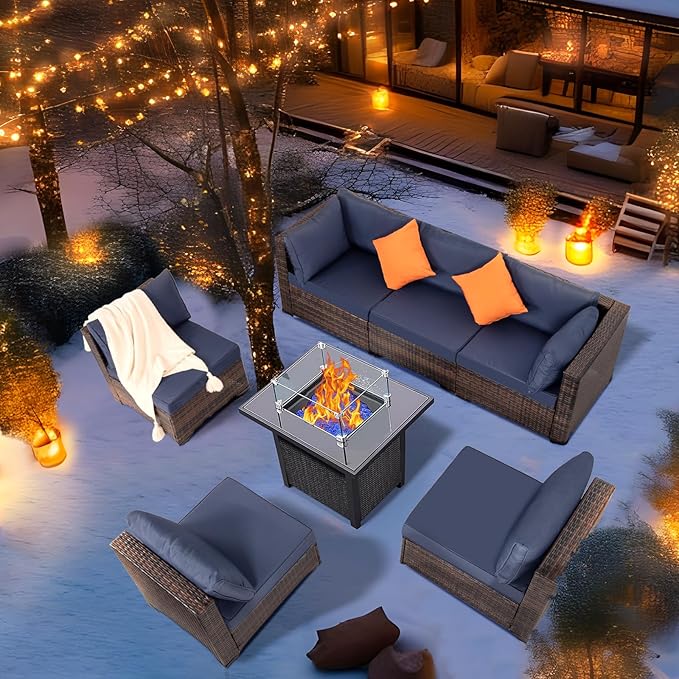 FHFO 8 Piece Patio Furniture Set with 28" Fire Pit Table, Wicker Outdoor Conversation Set Sectional Sofa with Thick Cushions & Coffee Table for Backyard, Poolside, Garden, Brown-Blue