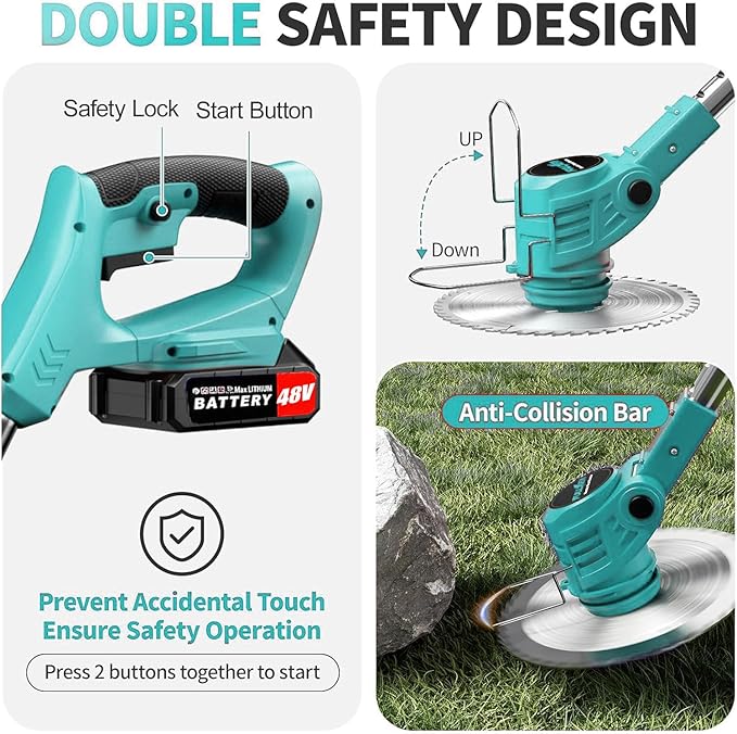 36V Electric Weed Wacker Cordless String Trimmer Battery Powered/w 2X 6.0Ah Battery and 2.0Amp Charger, Height Adjustable Wheeled，3-in-1 Grass Trimmer/Brush Cutter/Hedge Trimmer/Weed Eater