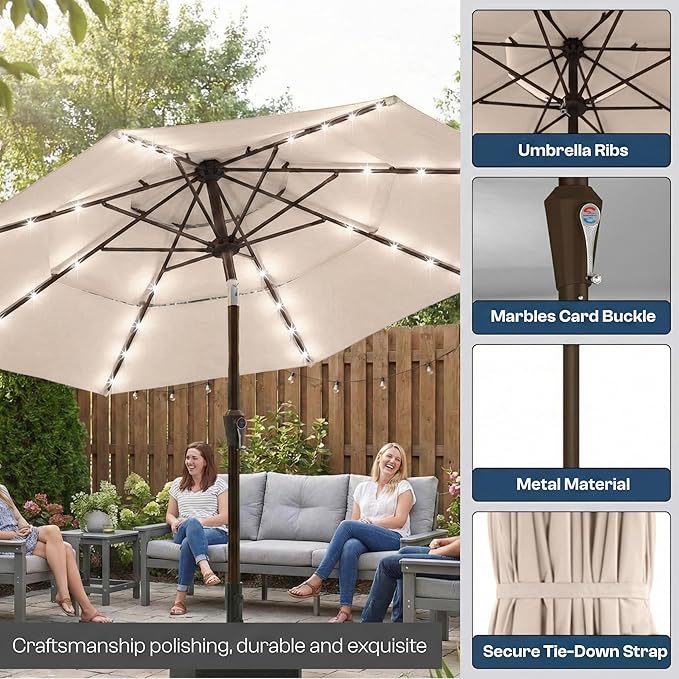 10ft 3-Tier Patio Umbrella with 32 Solar Powered LED Lights, Windproof Outdoor Market Umbrella for Deck, Poolside & Garden, Sturdy Push-Button Tilt Table Umbrella, Beige