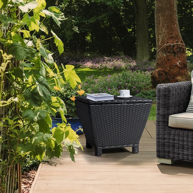 Outdoor PE Wicker Side Table with Storage, 13 Gallon Patio Storage Bin Container for Hose Cushion Towel, Rattan End Table for Backyard Garden Deck, 112 lbs Capacity, Black