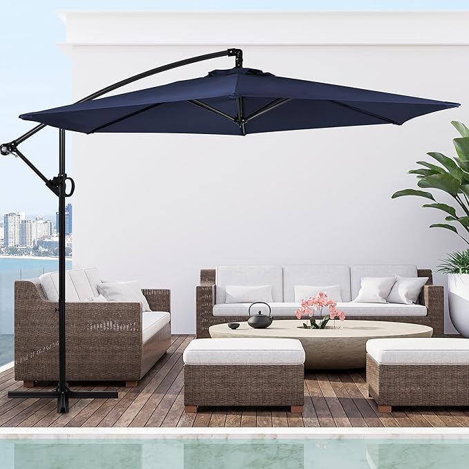Shintenchi Offset Patio Umbrella with Easy Tilt Adjustment,Crank and Cross Base, Outdoor Cantilever Hanging Umbrella, Sunshade Free Standing Canopy, Navy Blue