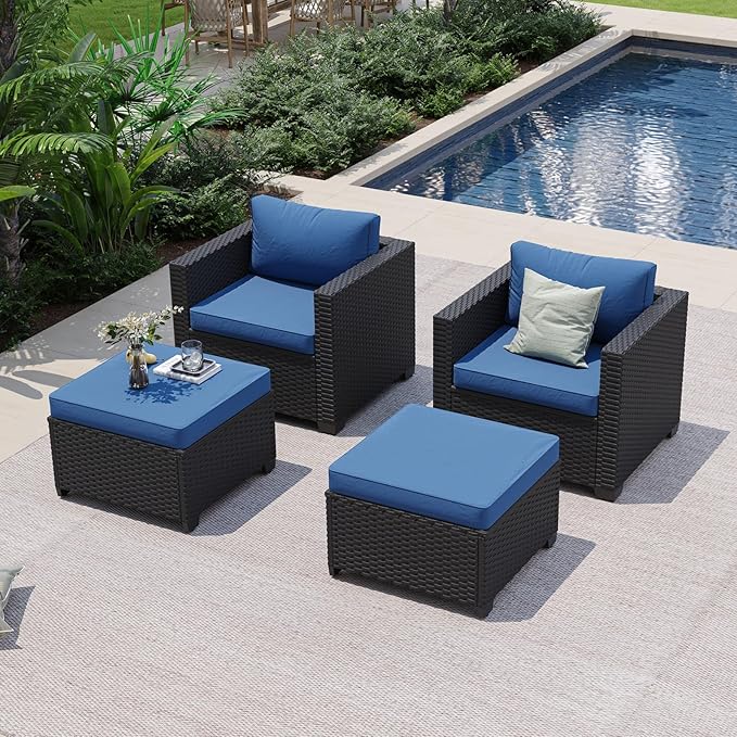 Aoxun 4 Piece Patio Furniture Set with Ottomans, Wicker Outdoor Furniture Conversation Set with 4" Thick Cushions for Deck Yard and Poolside Navy Blue