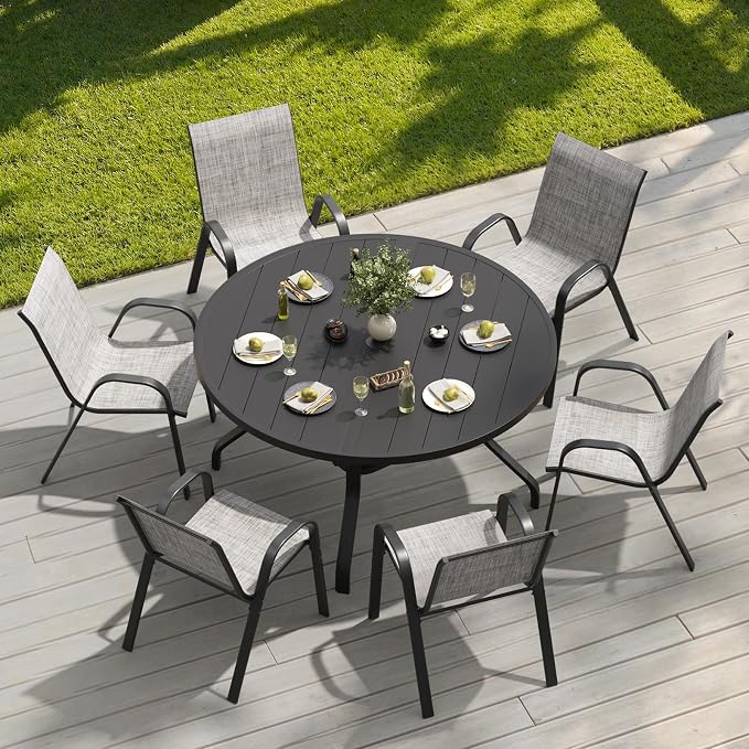 Soohow Outdoor Dining Set for 6, 7-piece Outdoor Patio Dining Set 6 x Stackable Patio Chairs & 1 x Round Table with Umbrella Hole, All-Weather Outside Table and Chairs for Backyard, Balcony, Porch