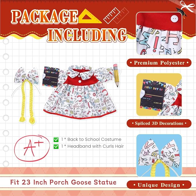 Back to School Porch Goose Outfits for 23 Inch Statue, First Day of School Costume for Cement Statue, Duck Sculpture Clothes for Classroom Patio Decoration