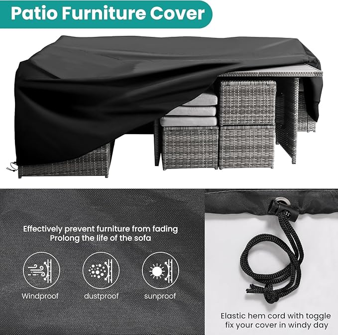 7-Piece Outdoor Patio Furniture Set with Dining Table, Chairs, and Ottoman, Brown Wicker Rattan Conversation Set with Ivory Cushions, All-Weather Patio Furniture for Garden, Porch, Backyard Lounging(G