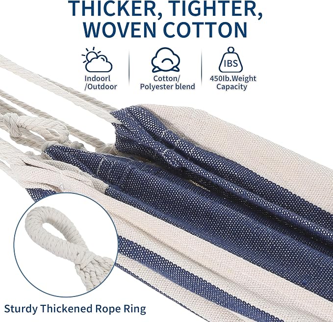 Double Hammock with Foldable Steel Stand and Carry Bag, 450LBS Weight Capacity Indoor Outdoor Standing Hammock, Portable Cotton Hammock for Garden Patio Camping Beach