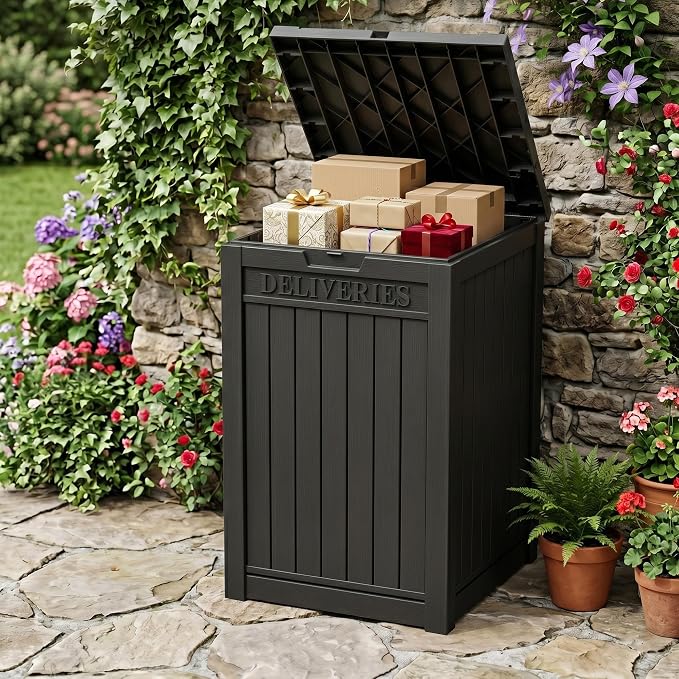 Outdoor Storage Box, 70 Gallon Package Delivery Boxes for Outside, with Lockable Secure, Deck Box Outdoor Waterproof for Entryway, Front Porch, Backyard, Garden, Patio, Lawn, Black