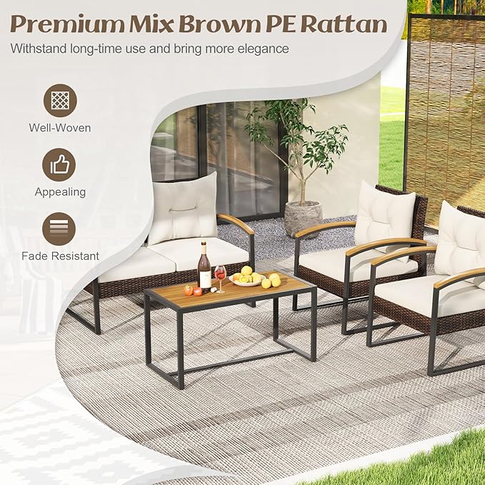Tangkula 4 Piece Patio Conversation Set, with Heavy Duty Solid Acacia Wood Armrests & Tabletop, Outdoor Cushioned Wicker Furniture Set for Backyard, Poolside, Lawn, Balcony (1, Off White)