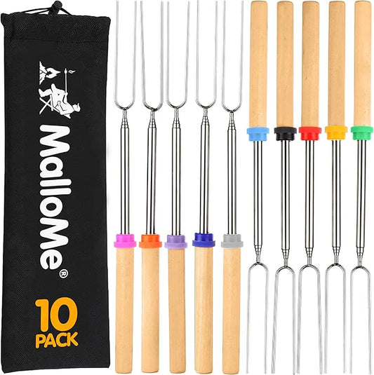 MalloMe Smores Sticks for Fire Pit - Accessories for Campfire Marshmallow Roasting Sticks Smores Kit Outdoor - Smore Skewers Hot Dog Fork For Outside, Camping Essentials Bonfire Gear Long 32" 10 Pack