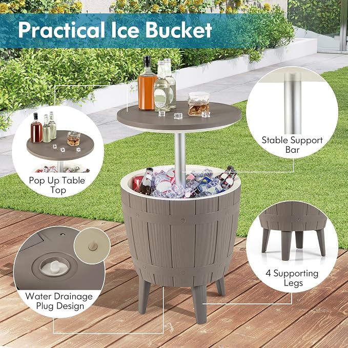 LDAILY Outdoor Cooler Table, 3-in-1 10 Gallon Ice Bucket with Height-Adjustable Tabletop, Cocktail Side Table with 110LB Capacity & Drain Plug for Poolside, Backyard, Patio Parties (Brown)