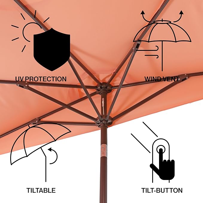 JONATHAN Y Terrace Scalloped 9 ft. Half Round Patio Umbrella with Crank Lift and Tilt, Coastal Semicircle Market Wall Umbrella for Balcony, Coral Pink/White, Dark Brown Pole UMB1202E