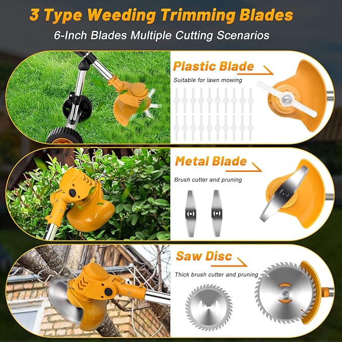 Electric Weed Wacker Cordless Weed Eater Battery Powered 21V, 4-in-1 Brush Cutter/String Trimmer/Grass Trimmer/Lawn Mower, 6 inch Lightweight Edger Stringless Weed Trimmer with Wheel & Blade,2 Battery