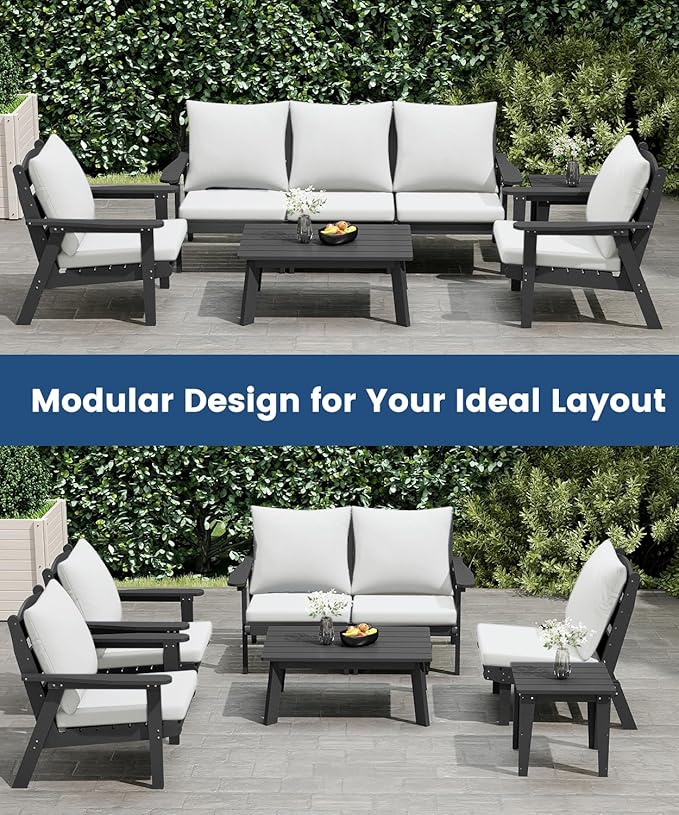 FOOWIN 7-Piece Patio Furniture Set, HDPE All-Weather Outdoor Conversation Set with Thick Cushions, Sectional Patio Sofa Furniture for Deck, Porch, Lawn, Garden, Grey Frame & White Cushion