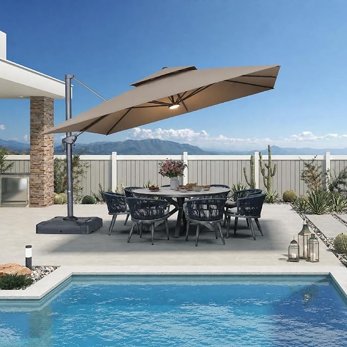PURPLE LEAF 12 FT Cantilever Umbrella Outdoor Patio Umbrella with Light, Large Offset Square Umbrella, Windproof Heavy Duty Hanging Outside Umbrellas for Patio, Ash Mocha