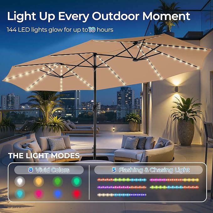 SUPERJARE 15ft Large Patio Umbrella with Base included, Double Sided Outdoor Umbrella with Solar Lights, Pool Umbrella with Fade Resistant Canopy for Deck, Porch, Yard, Balcony, Beige