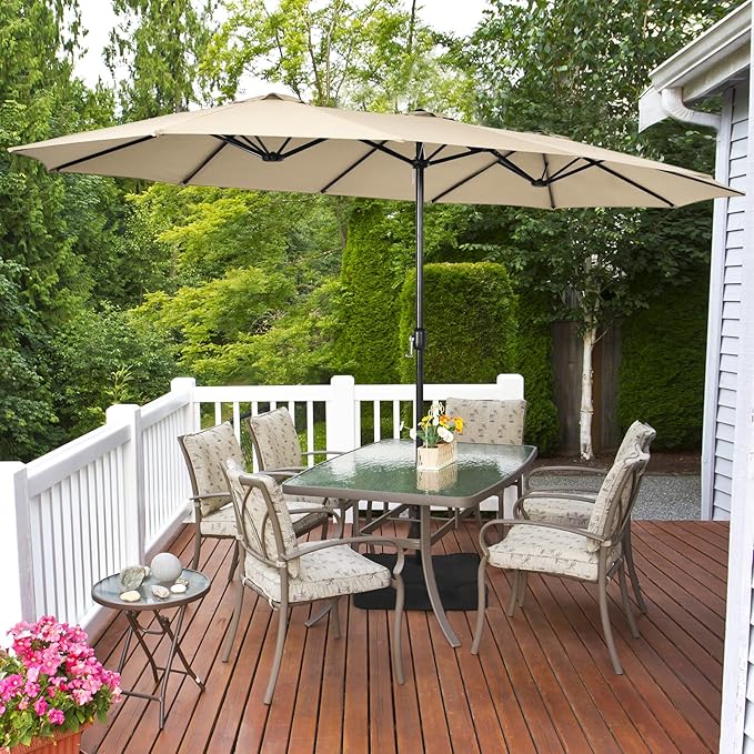 Tangkula 15FT Double-Sided Patio Umbrella with Base, Extra-Large Market Umbrella W/Crank System, Outdoor Twin Umbrella W/ 12-Rib Metal Structure & Air Vents for Garden, Backyard, Poolside (Beige)