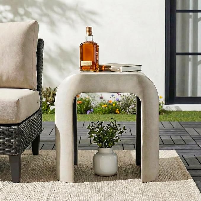 SUNBURY Outdoor Side Table, 18" H Concrete Horseshoe End Table, Rectangular Cement Accent Table for Patio, Round Modern Garden Stool for Patio, Backyard, Grey